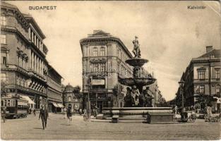 Budapest VIII. Kálvin tér, villamos, szökőkút, Magyar Lámpagyár, üzletek (EK)