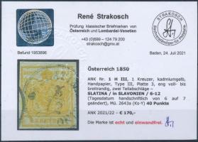 1850 1kr HP III kadmiumsárga / cadmium yellow "SLATINA" Signed: Ferchenbauer. Certificate:...