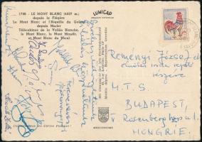 1966 A Ferencváros jégkorongcsapatának tagjai által hazaküldött képeslapja Svájcból / Hungarian hockey team autograph signed postcard