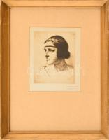 Kolozsváry Sándor (1896-1944): Női portré, 1922. Rézkarc, papír, jelzett. Lapon apró foltokkal. Üvegezett fa keretben, 12,5×10 cm