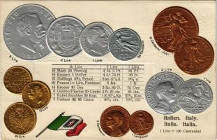 Italien - Münzenkarte und Nationalflagge. Max Heimbrecht / Olaszország - érmék és zászló. Dombornyomott / Italian coins and flag. Embossed, litho