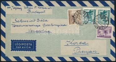 1955 Légiposta levél Épületek 10f + 40f + 2 x 2Ft bérmentesítéssel / Airmail cover with 4,50Ft franking BUDAPEST - Phenjan, Korea, ritka desztináció