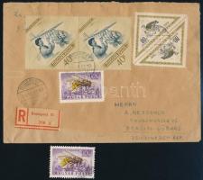 1954 Ajánlott levél Berlinbe küldve 300f vegyes bérmentesítéssel, a Rovarok 60f sárga szín 2 mm-es eltolódásával + támpéldány / Registered cover with 5 mixed stamp to Berlin, Mi 1357 with shifted yellow colour