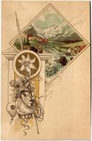 Tátra, Tatry (?); Szecessziós mozaik havasi gyopárral és hegymászó felszereléssel / Art Nouveau, litho art postcard with edelweiss, hiking equipment (non PC)