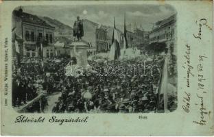 1898 (Vorläufer) Szekszárd, Fő tér, Garay János szobor avatási ünnepsége magyar zászlókkal. Weltmann Ignác kiadása (EK)