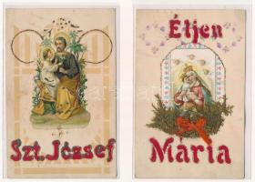 2 db RÉGI rátétes üdvözlőlap: Éljen Mária, Szent József / 2 pre-1945 motive postcards: greeting cards