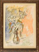 Olvashatatlan jelzéssel: Virágcsendélet. Akvarell, papír, jelzett. Paszpartuban, üvegezett, kopott fa keretben, 29x20 cm