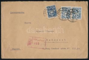 1927 Ajánlott levél 3 bélyeggel bérmentesítve, hátoldalán levélzáróval / Registed cover with 3 stamps and label RIGA - BUDAPEST
