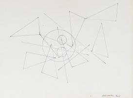 Marosán Gyula (1915-2003): Geometrikus formák, 1968. Filctoll, karton, jelzett, lap jobb alsó részében apró folttal és törésnyommal. 31,5×40 cm. / felt pen on paper, signed, with small spot on the lower right part