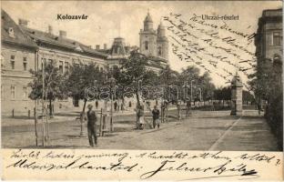1908 Kolozsvár, Cluj; utcai részlet, templom, hirdetőoszlop. Lepage Lajos kiadása / street, church, advertising column