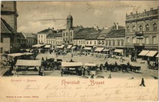 1902 Brassó, Kronstadt, Brasov; Búzasor, piac, görögkeleti templom, Servatius & Graef üzlete, Schutzengel gyógyszertár / Kornzeile / market square, Orthodox church, shops, pharmacy