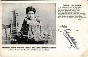 Andenken an Frl. Prinzess Anneta, Frl. Anneta Rumpfkünstlerin geboren in Kairo am 25. Juli 1890 ohne Arme und Beine / Kéz és láb nélküli cirkuszi akrobata / Circus acrobat without arms and legs (r)