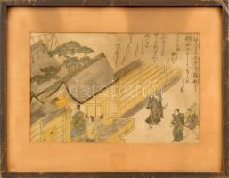 Nishikawa Sukenobu (1671-1750): Jelenet. Színes japán fametszet, papír, kissé foltos, gyűrődésekkel. Üvegezett fa keretben. 18,5x28,5 cm / coloured japanese woodcut on paper, bit spotty, with some minor creases, framed