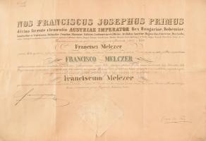 1851 Tiszteletbeli kanonoki kinevezés kellemesi Melczer Ferenc részére Ferencz József császár saját kezű aláírásával 55x36 cm Szakadással / Prebendary warrant with auograph signature of Emperor Franz Joseph. Torn.