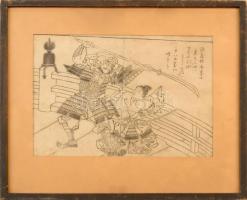 Nishimura, Magasaburo ( Magosaburo, 1731 - 1793): Szamuráj. Japán fametszet, papír, kissé foltos és kissé sérült. Üvegezett fa keretben. 19x27 cm / japanese woodcut on paper, bit spotty, with some minor damage, framed