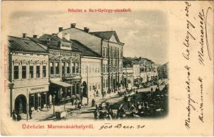 1900 Marosvásárhely, Targu Mures; Szent György utca részlete, piac, Abbazia Kávéház, Méder szálloda. Holbach E. kiadása / street, market, cafe and hotel (EK)