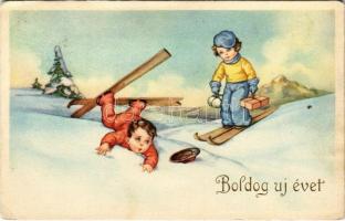 1940 Boldog Újévet! Síbaleset / New Year greeting art postcard with ski accident, winter sport (EK)