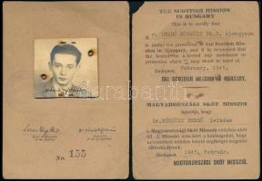 1945 The Scottisch Mission in Hungary, A Magyarországi Skót Misszió fényképes igazolványa lelkész részére, aláírásokkal, pecséttel, 1945. február, kettészakadt, foltos.