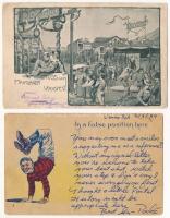 4 db RÉGI motívum képeslap: cirkusz, artisták, bohócok / 4 pre-1945 motive postcards: circus acrobat...