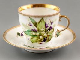 TPM porcelán csésze, aljjal. jelzett, kézzel festett, kopás nyomokkal, Silesia 1845 - 1850 Carl Tielsch Altwasser.