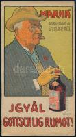 cca 1910 Faragó Géza (1877-1928): Marha mond a mester igyál Gottschlig rumot?, reklámos litografált számoló cédula, jelzett a nyomaton, 12x7 cm