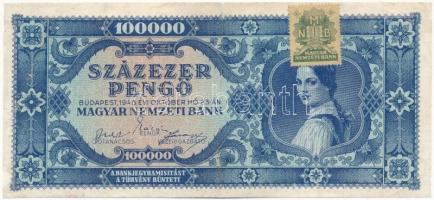 1945. 100.000P kék színű, zöld MNB bélyeggel, M017 047953 T:III restaurált / Hungary 1945. 100.000 Pengő blue color with green MNB stamp, M017 047953 C:F restored Adamo P24e