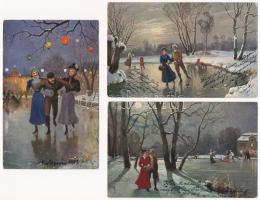 3 db RÉGI motívum képeslap: jégkorcsolya, téli sport / 3 pre-1945 motive postcards: ice skate, winter sport