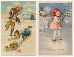 4 db RÉGI motívum képeslap: jégkorcsolya, téli sport újévi üdvözlőlapokon / 4 pre-1945 motive postcards: ice skate, winter sport on New Year greeting cards
