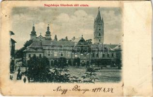 1899 (Vorläufer) Nagybánya, Baia Mare; Fő tér déli oldala, Pusztay és Wienerberger és Glavitzky üzlete / main square, shops (EK)