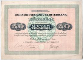 Miskolc 1927. Borsod-Miskolczi Hitelbank részvénye 50P-ről, szárazpecséttel T:II,II- / Hungary / Miskolc 1927. Borsod-Miskolczi Hitelbank share about 50 Pengő with embossed stamp C:XF,VF
