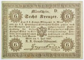 1849. 6Kr K. K. Hauptmünzamt Münzschein T:II,II- szép paír / Hungary 1849. 6 Kreuzer K. K. Hauptmünzamt Münzschein C:XF,VF fine paper Adamo 84