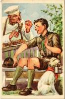 A cserkész takarékos. Cserkész levelezőlapok kiadóhivatala / Hungarian boy scout art postcard s: Márton L. + 1940 Székelyudvarhely visszatért So. Stpl.