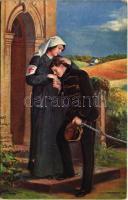 1917 Uzdraven? / WWI Austro-Hungarian K.u.K. military art postcard, Red Cross nurse with soldier. Salon J. Plichta Prague 1117. s: M. Martinková (EK)