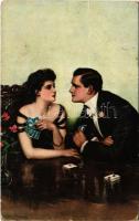 1917 Lady art postcard, romantic couple playing cards s: Clarence F. Underwood (EK)