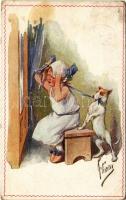1935 Children art postcard, girl with dog. B.K.W.I. 212-5. s: K. Feiertag (EB)