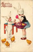 1936 Húsvéti üdvözlet / Easter greeting art postcard, children in rabbit costumes. Amag 2731. (fl)