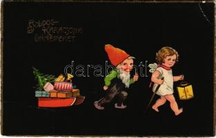 1925 Boldog Karácsonyi ünnepeket! / Christmas greeting art postcard with dwarf and gifts. HWB Ser. 12853. (EB)