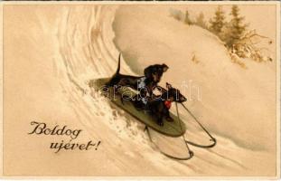 Boldog Újévet! / New Year greeting art postcard with sledding Dachshund dogs, winter sport. L&P 1674.