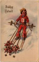 1943 Boldog Újévet! / New Year greeting art postcard with skiing boy pulled by pigs, winter sport (kopott sarkak / worn corners)