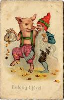 1929 Boldog Újévet! / New Year greeting art postcard, dwarf dancing with pig (EK)
