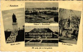 1942 Komárom, Komárno; Hősök szobra, emlékmű, Rakpart a Duna híddal, Római katolikus templom, Állami polgári fiú és leányiskola / WWI military monument, Danube bridge, quay, Catholic church, school (EB)