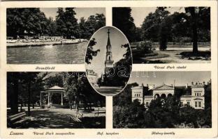 1942 Losonc, Lucenec; Strandfürdő, Városi park, zenepavilon, Református templom, Hubay kastély. Bukor József kiadása / beach, park, music pavilion, Calvinist church, castle (EK)