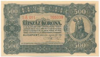 1923. 500K nyomdahely jelölés nélkül, "5A 011 705339" T:I- / Hungary 1923. 500 Korona without printer's mark, "5A 011 705339" C:AU Adamo K34