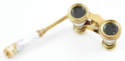 Színházi látcső, réz, barokk jelenetes zománc díszítéssel, a lencsék körül gyöngyház berakással. Kis...