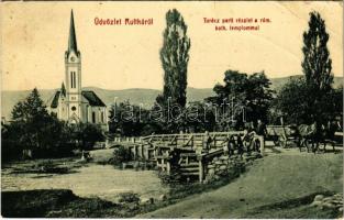 1909 Ruttka, Vrútky; Turóc parti részlet, római katolikus templom. W.L. Bp. 5864. Felvidéki Magyarság nyomda kiadása / Turiec riverside, bridge, church (EB)