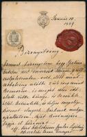 1889 marosnémeti és nádaskai ifj. báró Edelsheim-Gyulai Lipótné Odescalchi Irma hercegnő (1863-1924) saját kézzel írt munkáltatói igazolása, bizonyítványa, saját kezű aláírásával, fejléces papíron, viaszpecséttel, 15 kr. okmánybélyeggel. hajtásnyomokkal, javítással, 20x13 cm