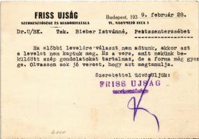 1939 Friss Újság a legfrissebb, a legolcsóbb, apróhirdetések sikere nagy. Budapest, Nagymező utca 3....