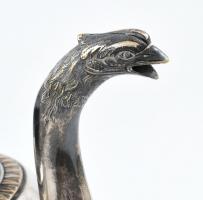 Ezüstözött alpakka teáskanna, figurális madaras kiöntő, fedelén makk motívum fa fogantyúval, egy hor...