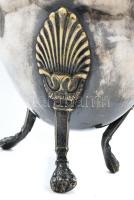 Ezüstözött alpakka teáskanna, figurális madaras kiöntő, fedelén makk motívum fa fogantyúval, egy hor...