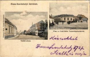 1907 Dunaszerdahely, Dunajská Streda; Teleki utca, piac, Csallóköz-Szerdahelyi takarékpénztár. Petényi Márk kiadása / street, market, savings bank (fl)